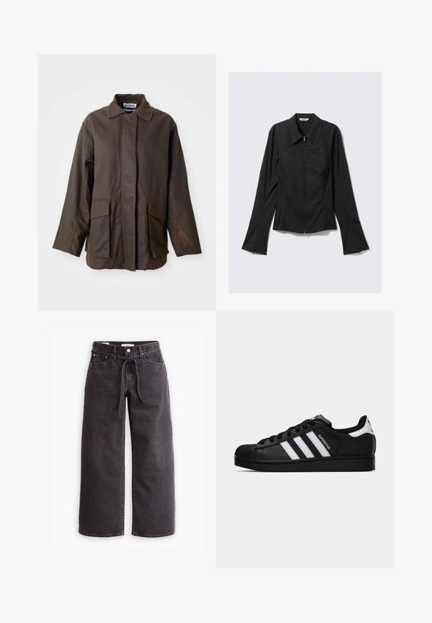 Braune, leichte Jacke mit kragenlosem Hals, langen Ärmeln und zwei frontalen Taschen. Hergestellt aus einem glatten, strukturierten Stoff.; Schwarze Damenjacke mit langen Ärmeln, Frontreißverschluss, breiten Manschetten und einem Kragen, flach auf einem hellgrauen Hintergrund ausgelegt.; Schwarze, weit geschnittene Jeans aus Denim mit einem Zugbandbund, fünf Taschen und kontrastierenden Nahtdetails. Flacher Frontschnitt.; Schwarzer Adidas Superstar Sneaker mit weißen Streifen, Schalenzehen und "Superstar"-Schriftzug an der Seite, im Seitenprofil auf weißem Hintergrund dargestellt.