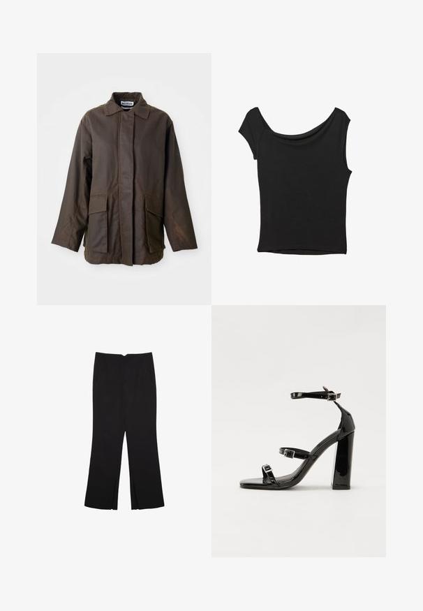 Hnedá, ľahká bunda s golierom, dlhými rukávmi a dvoma prednými vreckami. Vyrobená z hladkej, textúrovanej tkaniny.; Čierny krátky rukáv top vyrobený z hladkej tkaniny; má prehnutý výstrih a asymetrický lem, s priliehavým telom.; Čierne nohavice so strihom rovného strihu, s prednými vreckami a bočnými rozparkami na leme. Vyrobené z mäkkej, hladkej tkaniny. Vhodné na rôzne príležitosti.; Čierne lakované sandále na podpätku so štvorcovou špičkou, navlečenými remienkami okolo členku a striebornými prackami. Disponujú masívnym blokovým podpätkom pre stabilitu.