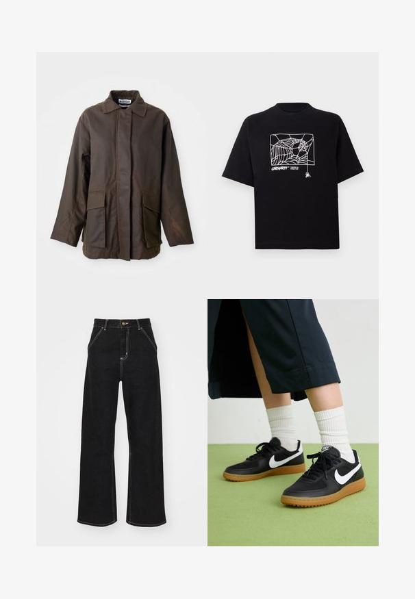 Brūna, viegla jaka ar apkakles izgriezumu, garām piedurknēm un divām priekšējām kabatām. Izgatavota no gludas, teksturētas auduma.; Melnā kokvilnas T-kreklā ir īsas piedurknes. Uz priekša ir balti zirnekļa tīkla grafika un logo. Vienkārša noapaļota izgriezne.; Melnas platajās biksēs, kas izgatavotas no denima, ar kontrastējošas baltas šuves un priekšējo pogu aizdari, kā arī divām slīpajām priekšējām kabatām.; Melna āda un sintētiska materiāla sporta apavi ar baltu Nike logo, gumijas zole, apaļa purngala forma un melni šņores. Redzamas ribotas baltas zeķes.