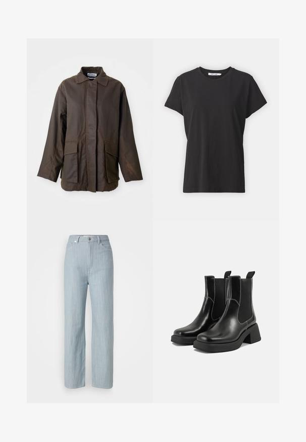 Braune, leichte Jacke mit kragenlosem Hals, langen Ärmeln und zwei frontalen Taschen. Hergestellt aus einem glatten, strukturierten Stoff.; Schwarzes Baumwoll-T-Shirt mit klassischem Rundhalsausschnitt, kurzen Ärmeln und lockerer Passform. Glatte Textur, keine sichtbaren Muster oder Akzente.; Helle blaue gerade geschnittene Jeans aus Denim. Verfügt über fünf Taschen, einen Metallknopfverschluss und dezente Waschungen für zusätzliche Textur.; Schwarze Leder Chelsea-Stiefel mit einem klobigen Absatz, elastischen seitlichen Einsätzen und kontrastierendem weißen Nähten. Strukturierte Oberfläche.