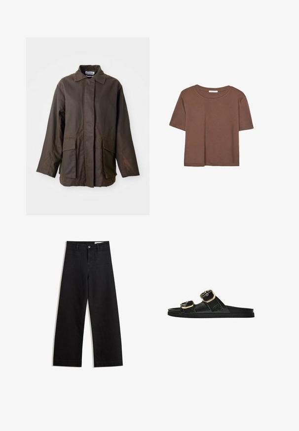 Ruskea, keveä takki, jossa on kauluksen näköinen pääntie, pitkät hihat ja kaksi etutaskua. Valmistettu sileästä, teksturoidusta kankaasta.; Kahvinsävyinen lyhythihainen t-paita, joka on valmistettu pehmeästä kankaasta. Pyöreä pääntie ja rento malli. Ei näkyviä kuvioita tai koristeita.; Mustat leveät farkut korkealla vyötäröllä, joissa on etu- ja takataskut, ommellut saumat ja nappisuljenta. Silkinoinen rakenne.; Musta liukusandaali, jossa on kaksi kultaisesta solkesta tehtyä korostusta, sileäpintainen materiaali, litteä pohja ja minimalistinen muotoilu.