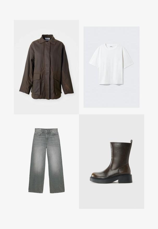 Brun, letvægtsjakke med krave, lange ærmer og to forlommer. Fremstillet af et glat, tekstureret stof.; Hvid kortærmet t-shirt i blødt bomuldsstof med runde halsudskæring og afslappet pasform med lige kant, uden mønstre eller grafik.; Bredde ben, grå denim jeans med en let falmet tekstur, fem-lomme design og klassisk knap- og lynlås lukning.; Mørkebrune læderstøvler til midten af læggen med rund tå, tyk sort sål, lav blokhælel og en trækflap bagpå.