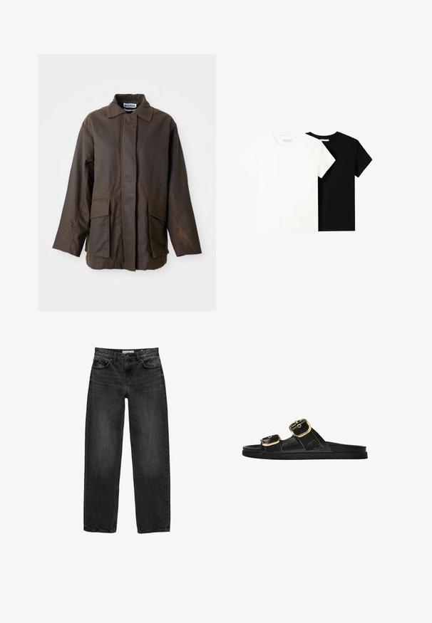 Brun, letvægtsjakke med krave, lange ærmer og to forlommer. Fremstillet af et glat, tekstureret stof.; To korte ærmel t-shirts, en hvid og en sort, lavet af bomuld. Begge har en rund halsudskæring og et enkelt, klassisk design.; Sort denim jeans med en afslappet pasform, lige ben, fem-lomme design og en let falmet tekstur. Knap- og lynlåslukning foran.; Sort skridsandal med to guldspænder, glat tekstureret materiale, flad sål og et minimalistisk design.