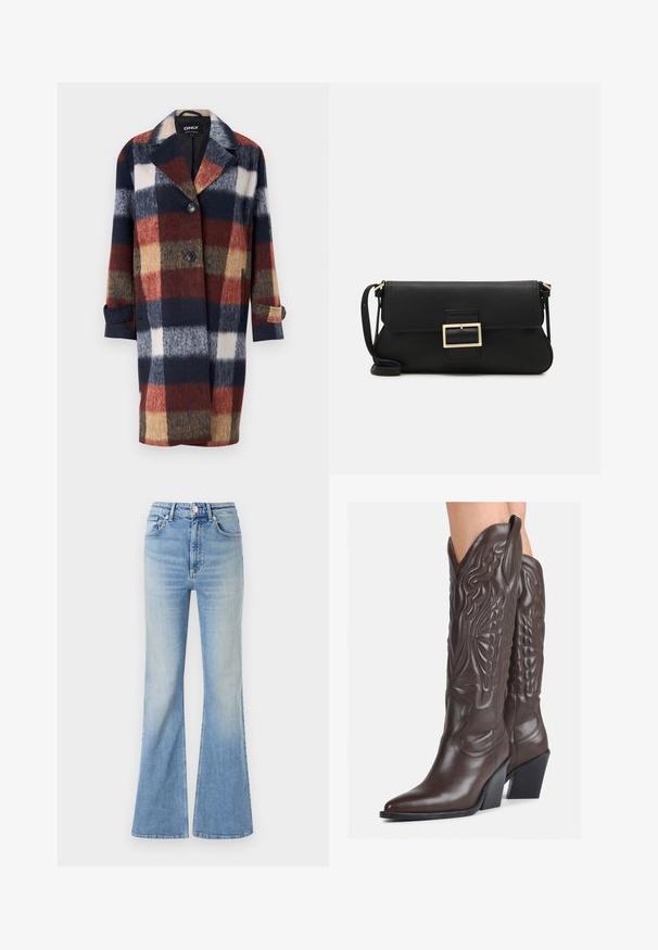 Plaid coat with a notched collar and three buttons, featuring navy, red, white, and beige hues. Made from a soft, textured fabric.; Off-the-shoulder, long-sleeve sweater in olive green, crafted from soft, textured fabric with a ribbed neckline and smooth body.; Light blue flared jeans made of denim, featuring a high waist, five-pocket design, and subtle gradient fading towards the hem.; Brown leather cowboy boots with pointed toe and block heel, featuring detailed stitching and raised accents on the shaft.; Black leather clutch bag with a flap and a gold metal buckle detail. Includes a black strap and a sleek, minimalist design.