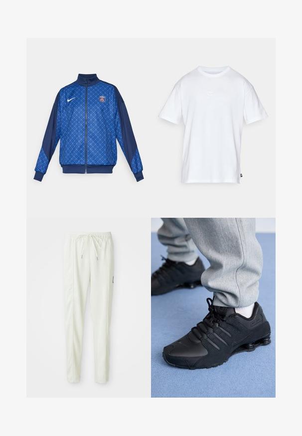 Blauwe ritjack met geometrisch patroon, voorzien van een hoge kraag en elastische manchetten. Nike-logo op de voorkant, samen met een badge met een Parijs-thema.; Witte katoenen t-shirt met korte mouwen en een ronde hals. Heeft een klein, subtiel Nike-logo op de borst en een zijlabel.; Witte slim-fit joggerbroek met elastische tailleband en trekkoord, met details aan de zijnaad en een klein zwart label op het rechterbeen.; Persoon in zwarte Nike Shox sneakers en een grijze joggingbroek staand op een lichtblauw tapijt.
