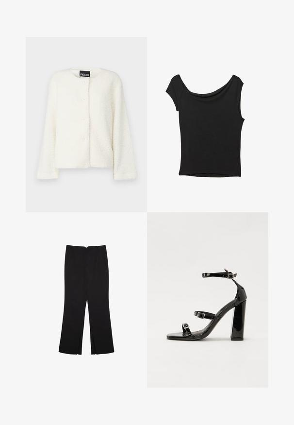 Vitt fluffigt fleecejacka med rund halsringning, långa ärmar och femknappsstängning framtill. Mjuk textur och enfärgad.; Svart kortärmad topp i slät tyg; har en draperad halsringning och asymmetrisk nederkant, med en figursydd kropp.; Svarta byxor med rak passform, utrustade med framfickor och sidoklyvningar vid fållen. Tillverkade av mjukt, slätt tyg. Lämpliga för olika tillfällen.; Svarta lackerade klacksandaler med fyrkantig tå, ankelremmar och silverfärgade spännen. Har en kraftig blockklack för stabilitet.