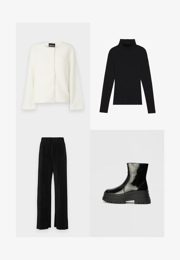 Bjela fluffy fliš jakna s okruglim izrezom, dugim rukavima i pet dugmadi na prednjoj strani. Mekana tekstura i jednobojna.; Crna turtleneck majica dugih rukava, napravljena od rebraste tkanine, ima uski kroj s visokim ovratnikom i bez uzoraka ili dekoracija.; Crne plisirane hlače s elastičnim pojasom. Imaju široke nogavice i glatku, teksturiranu tkaninu s vertikalnim prugama.; Crna sjajna čizma do ankleta s debelim zupčastim potplatom i zaobljenim vrhom, bočni pogled na jednostavnoj svijetlosivoj pozadini.