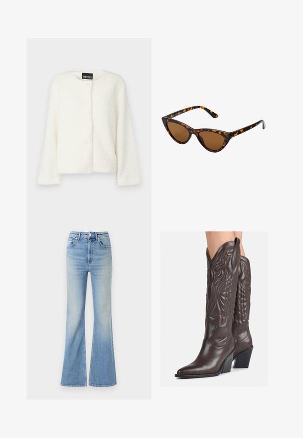 Hvit, fluffy fleecejakke med rund hals, lange ermer og fem knapper foran. Myk tekstur og ensfarget. ; Svart langermet topp laget av teksturert blonder, med en bølget halslinje og tettsittende design med en kort silhuett.; Lyseblå flared jeans laget av denim, med høy midje, fem lommer og subtil gradient fading mot kanten.; Brune skinncowboystøvler med spiss tå og blokkhelt, med detaljerte sømmer og hevede detaljer på skaftet.; Kattøye solbriller med en svart og oransje skjellramme, brune linser og elegante, spisse tupper. Har en minimalistisk logo på stangen.