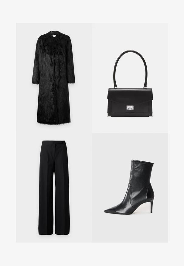 Abrigo de piel sintética negra con un diseño de largo completo, mangas largas y una superficie suave y texturizada. Presenta un estilo minimalista y sin cierres visibles.; Suéter negro de cuello alto con mangas largas, que presenta un pequeño emblema de corazón blanco en el pecho. Tejido suave y corte relajado.; Pantalones negros de pierna ancha con una textura suave y mate. Cintura plana sin herrajes visibles ni patrones. Diseño simple y elegante.; Botas negras hasta el tobillo hechas de cuero suave, con punta afilada, caña ajustada y tacón alto delgado. Diseño minimalista sin herrajes visibles.; Bolso de mano de cuero negro con un diseño estructurado, un asa superior y un broche plateado. Presenta acentos en las esquinas y una textura suave.