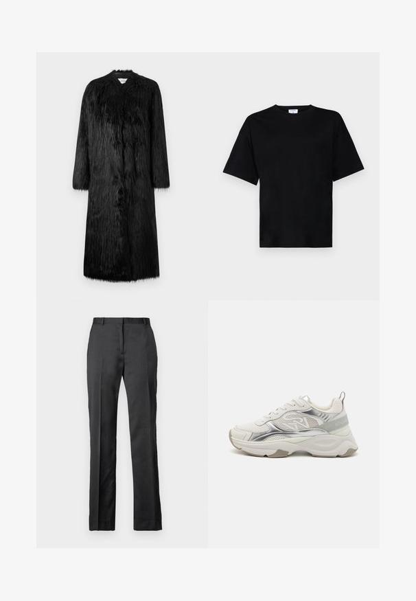 Černý kabát z umělé kožešiny s dlouhým střihem, dlouhými rukávy a měkkým, texturovaným povrchem. Má minimalistický styl a žádné viditelné zapínání.; Černé tričko s krátkým rukávem v uvolněném střihu, vyrobené z měkké látky, s kulatým výstřihem a bez výrazných vzorů nebo akcentů.; Ušité černé kalhoty z hladké tkaniny. Mají rovný střih, plochý přední díl a jemné detaily v podobě záhybů.; Bílé atletické tenisky se lesklými stříbrnými akcenty, síťovinovými panely a silnou podrážkou. Mají logo na straně a strukturovanou patní vložku.