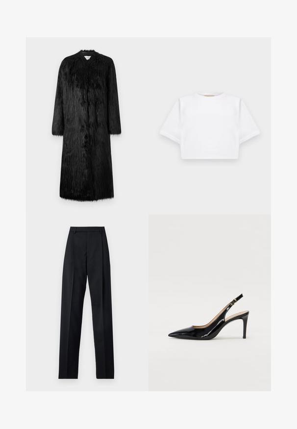 Black faux fur coat with a full-length design, long sleeves, and a soft, textured surface. Features a minimalist style and no visible fastenings.; Cropped white t-shirt made of soft fabric, featuring short sleeves, a round neckline, and ribbed hem details. Simple and unembellished design.; Black trousers made from smooth fabric featuring a high waist, wide legs, front pleats, and classic belt loops. No side pockets visible.; Black patent leather slingback pump with pointed toe, slim heel, and a subtle cutout design. Features a gold buckle on the strap.