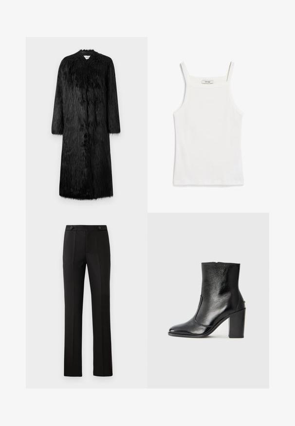 Crni kaput od umjetnog krzna s punom dužinom, dugim rukavima i mekom, teksturiranom površinom. Ima minimalistički stil i nema vidljivih kopčanja.; Bijela majica na tanke naramenice, izrađena od rebrastog pamučnog materijala, s ravnim dekolteom i čistim završetkom na rubu.; Crne krojene hlače ravnog kroja, s dva prednja džepa, dugmetom za zatvaranje i pregibima sprijeda. Glatka tekstura tkanine.; Crna kožna čizma do gležnjeva s glatkom teksturom, špicastim vrhom i debelim visokim potpeticama. Ima bočni otvor i minimalistički dizajn.