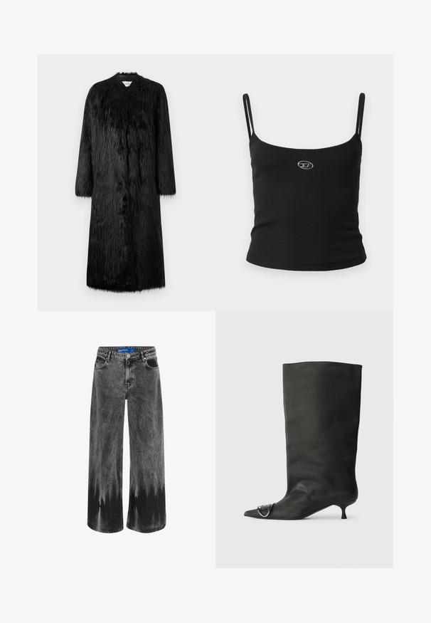 Fekete műszőrme kabát teljes hosszúságú kivitelben, hosszú ujjakkal és puha, texturált felszínnel. Minimalista stílusú, látható záródások nélkül.; Fekete bordázott trikó felső vékony pántokkal és egy kis fémes logóval a közepén. Az anyag rugalmasnak és testhez simulónak tűnik.; Tág lábú farmer sötétített fekete denimből, amely dip-dye hatással rendelkezik, acélból készült kiegészítőkkel és klasszikus öt zsebes kialakítással, standard derékpánttal.; Fekete bőr bokacsizma hegyes orral, kis sarokkal és fémes díszítéssel az orrán. Az egész felületen sima, matt textúra.