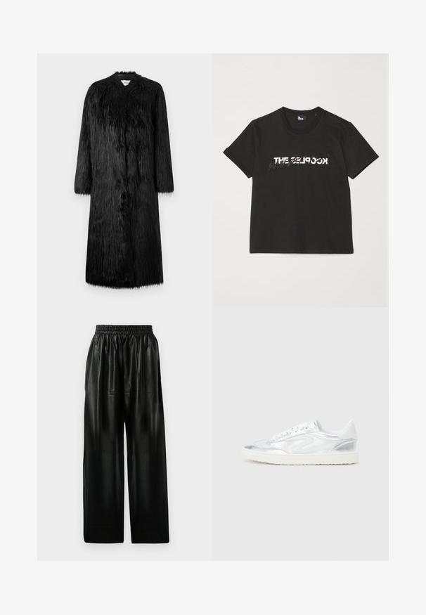 Črn plašč iz umetnega krzna s polno dolžino, dolgimi rokavi in mehkobo ter strukturirano površino. Opremljen je z minimalističnim stilom in brez vidnih zaponk.; Črna bombažna majica s kratkimi rokavi, z belim in sivim natisnjenim dizajnom "THE 2LOOK" na sprednji strani. Klasičen kroj z okroglim izrezom.; Črne usnjene hlače širokega kroja z elastičnim pasom, ki imajo dve stranski žepi in gladko, sijočo teksturo.; Bele superge z metalnimi srebrnimi detajli, gladke teksture, okrogel nos, raven podplat in tradicionalna vezalna zasnova.