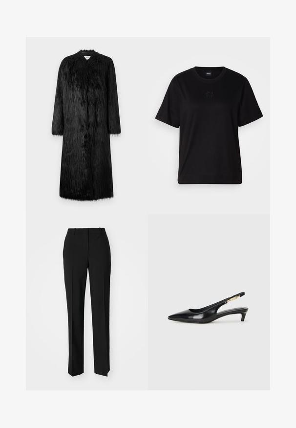 Abrigo de piel sintética negra con un diseño de largo completo, mangas largas y una superficie suave y texturizada. Presenta un estilo minimalista y sin cierres visibles.; Camiseta de algodón negra con cuello redondo, mangas cortas y un logo bordado en el pecho. Ajuste simple y relajado sin patrones.; Pantalones negros ajustados con un diseño de pierna recta, que presentan una textura suave y pliegues nítidos en el frente. Sin herrajes visibles.; Tacones negros de piel sintética tipo slingback con punta afilada, que cuentan con un tacón delgado y un detalle en tono dorado en la correa ajustable. Textura suave.