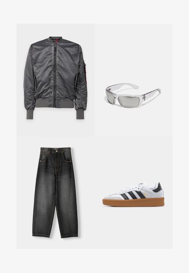 Alpha Industries VINTAGE - Bomberjacka - anthra; Vit långärmad skjorta med knappar gjord av mjukt tyg. Har en klassisk krage, framknappar och ärmändar med en knapp. Slim fit-design.; Mörk denimvida jeans med hög midja, fem fickor, kontrasterande guldstickningar och knäppning. Slät front och raka ben.; Vita sneakers med svarta ränder, mocka tåkuppning och gummisula. Har snörningsdesign och varumärke på tungan och sidan.; Sunglasses med en klar plastbåge, grå linser, omslutande design och logodetalj på sidan. Slät yta med kurviga armar.