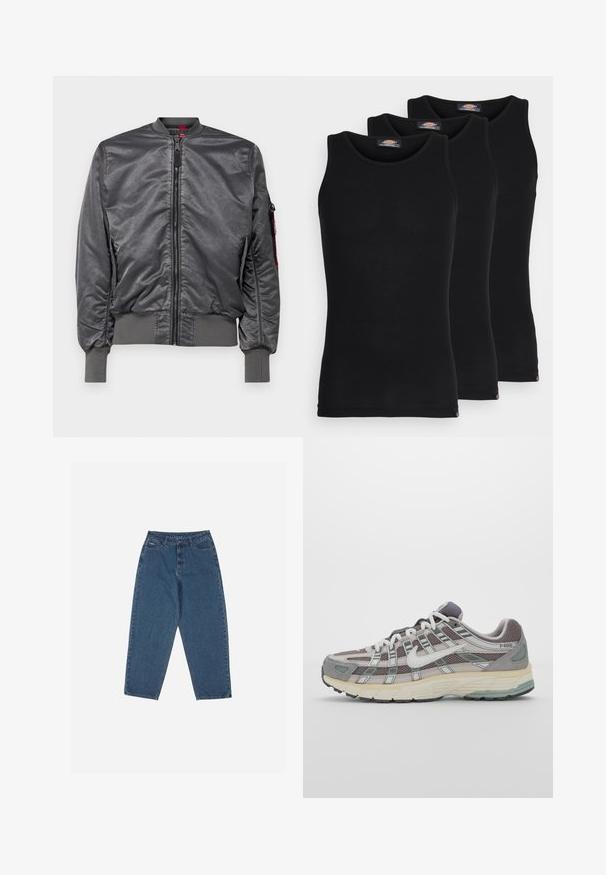 Alpha Industries VINTAGE - Bombejakke - anthra; Sorte tanktopper i en pakke med tre. Ribbet tekstur, standard rund hals, uten ermer. Sømmen har en liten merkevarelogo nederst.; Blå denim jeans med en avslappet passform, høy midje, femlommesdesign og sømdetaljer. Har en knapp- og glidelås-lukking.; Grå treningssko med overdel i nett og semsket skinn, hvite detaljer, en polstret såle, og et særpreget design med reflekterende elementer.