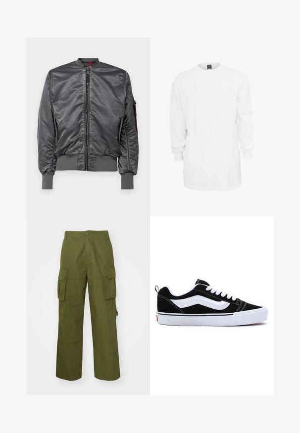 Alpha Industries VINTAGE - Bomber Jacket - anthra; Long-sleeve white cotton t-shirt with a round neckline, loose fit, and ribbed cuffs. Plain design, no graphics or patterns.; Olive green cargo pants made of durable fabric, featuring two side pockets, a relaxed fit, and a button closure at the waist.; Black suede sneakers with white accents, featuring a low-top design, lace-up closure, and a thick white rubber sole. Brand logo on heel.