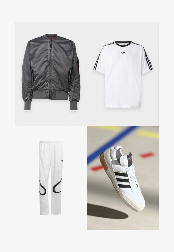 Alpha Industries VINTAGE - Bomber Jacket - anthra; White T-shirt made of cotton, featuring a black round neckline and three black stripes on each shoulder. Small black logo on the chest.; White athletic pants with a smooth texture, featuring black curved designs on the sides and a black logo near the waistband.; White Adidas Mundial Goal sneaker with black stripes and gum sole, shown mid-air over a sports court floor with colored lines.