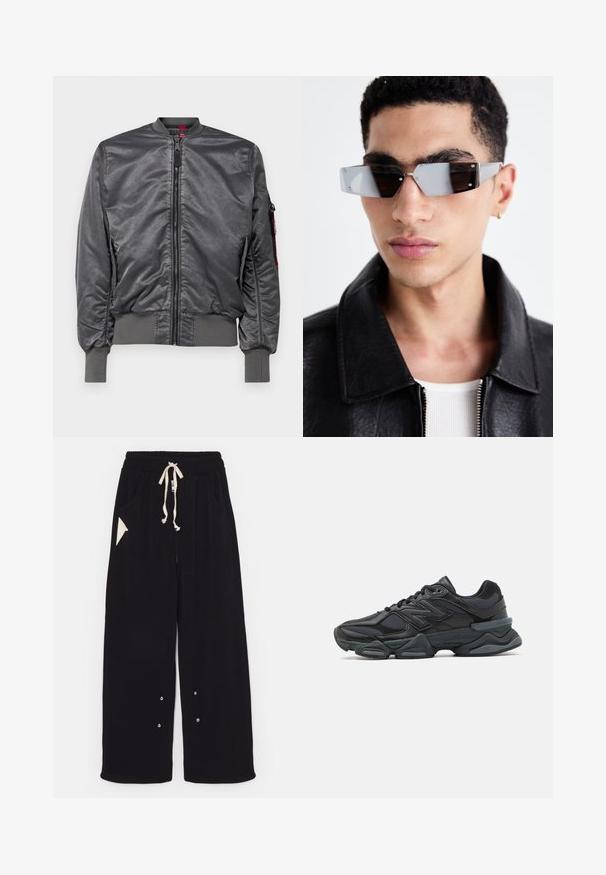 Alpha Industries VINTAGE - Pilotska jakna - anthra; Crna kratka majica s kratkim rukavima od pamuka, s okruglim izrezom i ležernim krojem. Glatka tekstura s minimalnim detaljima šivanja.; Crne široke hlače izrađene od mekog materijala s pojasom na vezanje, bočnim džepovima i trokutastim akcentom džepa. Uključeni su detalji od srebrne boje.; Crne trkačke tenisice izrađene od kombinacije mrežastih i sintetičkih materijala, s debelim potplatom, zakrivljenim dizajnom i istaknutim brendom sa strane.; Angular sunčane naočale sivo-smeškanih tonova sa srebrnim detaljima, postavljene na svijetloj pozadini. Stakla imaju jedinstven geometrijski oblik.