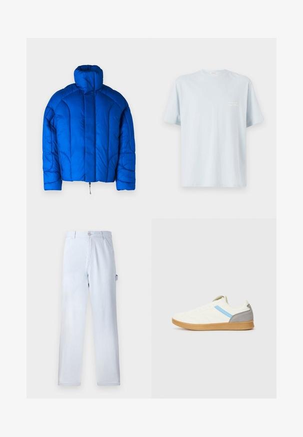 Jack & Jones JCOOUTER PUFFER JACKET - Talvejope - lapis blue; Hele sinine puuvillane t-särk, millel on ümar kaelus ja lühikesed varrukad. Vasakul rinna piirkonnas on väike valge logo. Sile tekstuur.; Heled sinised triibulised püksid, mis on valmistatud puuvillast. Sirge jala disain, esine nupuvajutusega kinniti ja küljetaskud. Pehme tekstuur.; Kreemjas ülaosas sneakerid, sinise küljeriba ja halli kontsa aktsendiga. Omab tekstuurset disaini ja kummist tallat.
