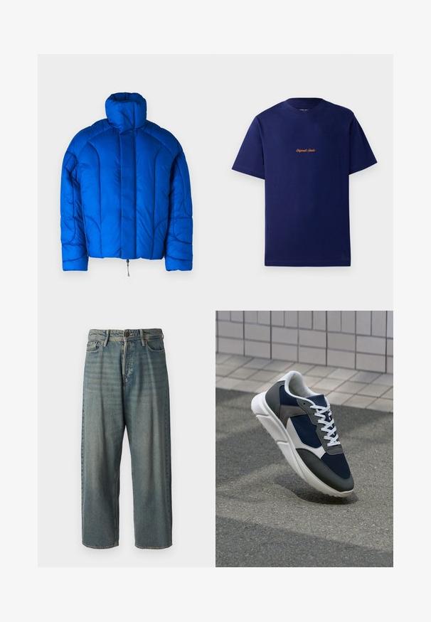 Jack & Jones JCOOUTER PUFFER JACKET - Zimní bunda - lapis blue; Námořnická modrá bavlněná trička s krátkým rukávem. Má malou, oranžovou vyšívanou nášivku na hrudi. Klasický střih s kulatým výstřihem.; Světle modré denimové džíny s volným střihem, středně vysokým pasem a rovnými nohavicemi. Obsahují pět kapes, poutka na opasek a zapínání na knoflík.; Tenisky s horní částí z námornicky modré síťoviny, šedými semišovými akcenty, bílou gumovou podrážkou a plochými bílými tkaničkami, navržené pro pohodlí a prodyšnost.