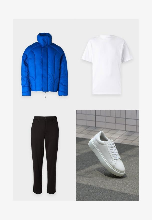 Jack & Jones JCOOUTER PUFFER JACKET - Casaco de inverno - lapis blue; Camiseta branca de mangas curtas em algodão com decote arredondado, apresentando uma textura suave e um design simples, sem padrões ou detalhes.; Calças pretas feitas de tecido leve, com perna reta, fecho frontal com botão, passadores de cinto e bolsos laterais.; Tênis de couro branco com superfície lisa, bico redondo e cadarços brancos planos. Apresenta uma sola de borracha texturizada e elementos de design minimalistas.