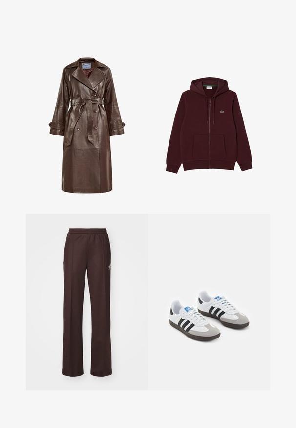 Brauner Leder-Trenchcoat mit einem Gürteldesign in der Taille, großem Kragen, doppelten Knöpfen und weiten Ärmeln. Glatte Textur mit glänzendem Finish.; Bordeauxfarbener Reißverschluss-Hoodie aus weichem Material, mit einer frontalen Kängurutasche, einer Kapuze mit Zugband und einem grünen aufgestickten Logo auf der Brust.; Langärmlige Hemden aus schwarzer und weißer Baumwolle mit Rundhalsausschnitten und taillierter Passform. Etikett am Hals sichtbar.; Braune Sporthose mit einem elastischen Bund, zwei Seitentaschen und einem kleinen Logo auf der linken Seite, gefertigt aus weichem Stoff.; Sportschuhe mit einem Obermaterial aus weißem Leder, grauer Wildleder-Zehenkappe und drei schwarzen Streifen. Sie verfügen über ein blaues Logo auf der Zunge und eine strukturierte Gummisohle.
