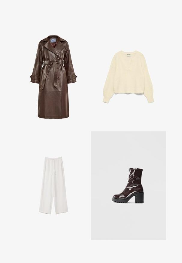 Brązowy skórzany płaszcz trench z paskiem w talii, dużym kołnierzem, podwójnymi guzikami i szerokimi rękawami. Gładka tekstura o błyszczącym wykończeniu.; Słoniowa sweter z dzianiny z głębokim dekoltem w serek, długimi rękawami i prążkowanym wykończeniem. Miękka tekstura; lekko skrócony fason z detalami w oversize.; Białe spodnie o szerokich nogawkach wykonane z lekkiego materiału. Posiadają elastyczny pas z sznurkiem i boczne kieszenie. Gładka tekstura.; Błyszczące bordowe botki za kostkę z masywną czarną obcasem, charakteryzujące się gładką teksturą i prostym wzornictwem. Brak widocznych zapięć lub wzorów.