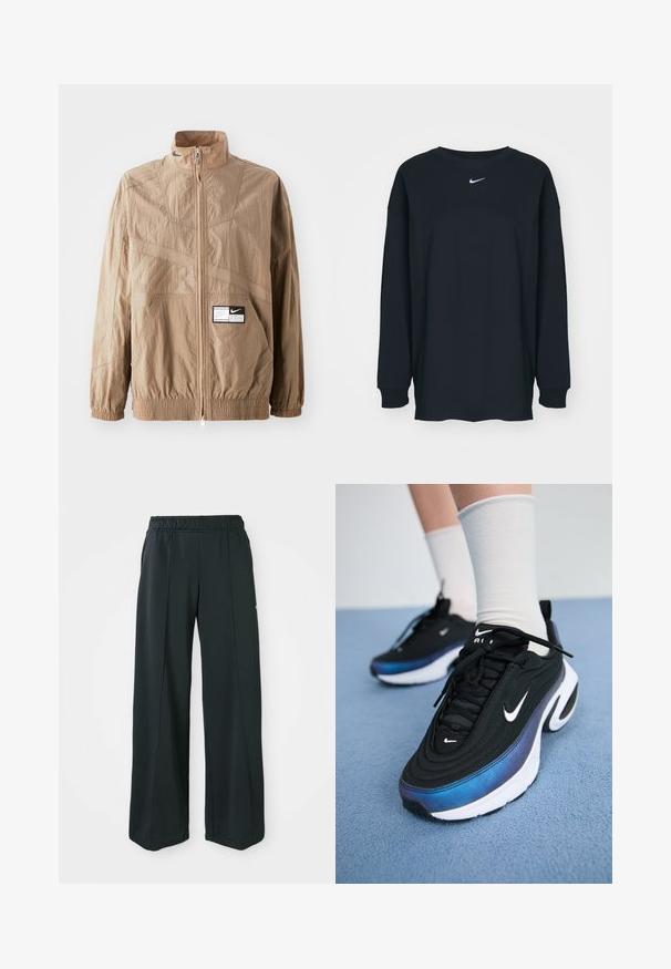 Šviesiai rudos nailono striukė su aukštu apykakle, užtrauktuku, elastiniais rankogaliais ir priekiu skirta kišenei. Puošia tekstūruoti raštai ir logotipo aplikacija.; Juodas ilgam rankovėms marškinėlis, pagamintas iš medvilnės, su apvalia iškirpte. Krūtinėje yra baltas Nike logotipas. Minkšta tekstūra, paprastas dizainas.; Juodos, plačios sportinės kelnės su elastingu juosmeniu. Pagamintos iš lygaus, tampraus audinio, su subtiliomis priekinėmis siūlėmis ir be kišenių.; Juodi Nike sportbačiai su glotna audinio viršutine dalimi, turintys gradientinį mėlynos ir juodos spalvos dizainą, baltą pado dalį ir akcentuotus logotipus.