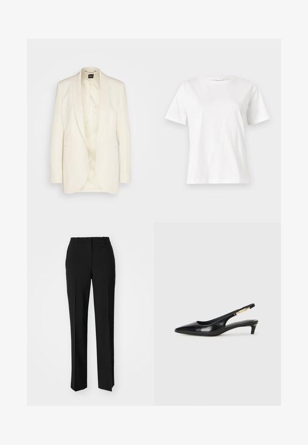 BOSS JIREA - Cappotto corto - natural eighteen; T-shirt bianca in cotone con maniche corte, scollatura rotonda e vestibilità rilassata. Struttura liscia, senza motivi né accenti, design minimalista.; Pantaloni neri su misura con un design a gamba dritta, caratterizzati da una texture liscia e pieghe ben definite sul davanti. Senza hardware visibile.; Tacchi slingback in pelle nera con punta affusolata, caratterizzati da un tacco alto e un accento dorato sulla cinghia regolabile. Texture liscia.