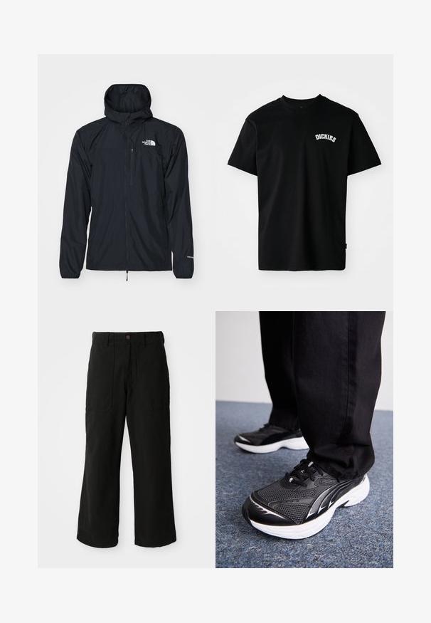 Crna vodootporna jakna s kapuljačom, prednjim zatvaračem, elastičnim manžetama i malim džepom na prsima. Sadrži bijeli logo "The North Face".; Crna pamučna majica s kratkim rukavima i okruglim izrezom. Ima bijeli zakrivljeni logo "DICKIES" na prsima. Jednostavan dizajn, bez uzoraka.; Crne široke hlače izrađene od mekog materijala, s prednjim džepovima i kopčanjem na dugme u struku. Minimalistički dizajn bez vidljivih uzoraka.; Crne atletske cipele s mrežastom tkaninom, bijelim potplatima i crnim detaljima. Gazni sloj je teksturiran. Nosi se s crnim hlačama na plavom tepih površini.