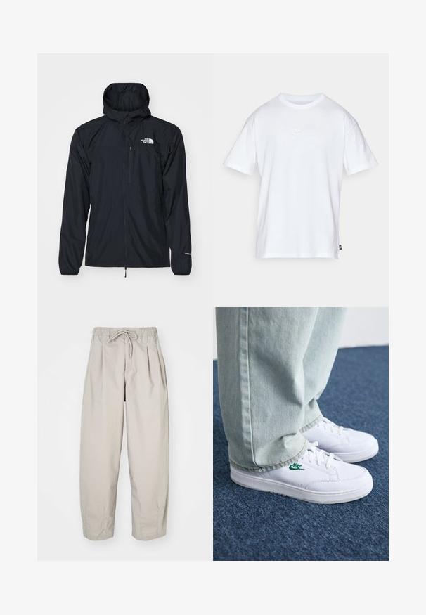 Fekete vízálló dzseki kapucnival, cipzáras elülső résszel, rugalmas mandzsettákkal és egy kis mellzsebbel. A dzsekin a "The North Face" logó fehér színben található.; Fehér pamut póló, rövid ujjakkal és kerek nyakkivágással. Jellemzője egy kis, diszkrét Nike logó a mellkason és egy oldalsó címke.; Beige, könnyű nadrág, rugalmas derékkal és zsinórral. Ráncokkal és laza szabással rendelkezik, puha, sima anyagból készült.; Fehér bőr sportcipők zöld Nike logóval, kerek orral, lapos talppal, világoskék farmernadrággal párosítva, kék szőnyegen bemutatva.