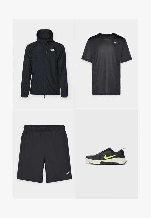 Chaqueta impermeable negra con capucha, frontis con cremallera, puños elásticos y un pequeño bolsillo en el pecho. Presenta el logo "The North Face" en blanco.; Camiseta deportiva negra de manga corta, con cuello redondo, hecha de una tela suave. Presenta un pequeño logo blanco de Nike en la parte superior izquierda.; Pantalones cortos deportivos negros hechos de un material ligero con una cintura elástica. Presenta un pequeño logo blanco de Nike en la parte inferior izquierda.; Zapatillas deportivas negras con parte superior de malla texturizada, logo de Nike en verde neón, mediasuela blanca y suela de goma. Cuenta con una lengüeta en el talón.