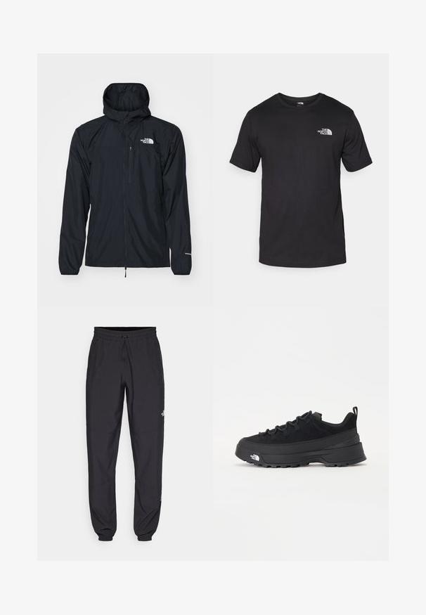 Chaqueta impermeable negra con capucha, frontis con cremallera, puños elásticos y un pequeño bolsillo en el pecho. Presenta el logo "The North Face" en blanco.; Camiseta negra de manga corta, hecha de algodón, con un cuello redondo y un pequeño logo blanco en la parte superior izquierda del pecho.; Pantalones deportivos negros hechos de un tejido ligero, con una cinturilla ajustable, bolsillos laterales y puños ajustados en los tobillos.; Zapatilla negra de exterior con parte superior de ante, suela de goma texturizada y un sólido sistema de cordones. Cuenta con un talón reforzado y el logotipo de la marca en el lateral.