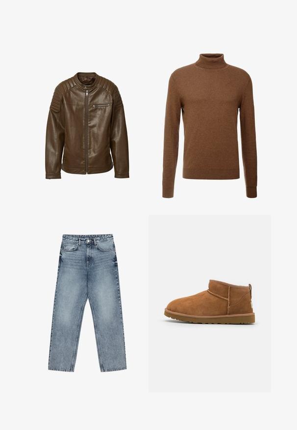 Veste en cuir marron avec fermeture éclair, détails rembourrés aux épaules et poche poitrine zippée ; texture lisse et design décontracté.; Pull en col roulé marron en tissu doux, avec des manches longues, des poignets côtelés et une coupe ajustée sans motifs visibles.; Jean en denim bleu clair avec une coupe droite, couture visible, design à cinq poches et fermeture à bouton à la taille.; Bottine en suède beige avec un bout rond, des détails de couture subtils et une semelle en caoutchouc texturée. Hauteur courte sans lacets.