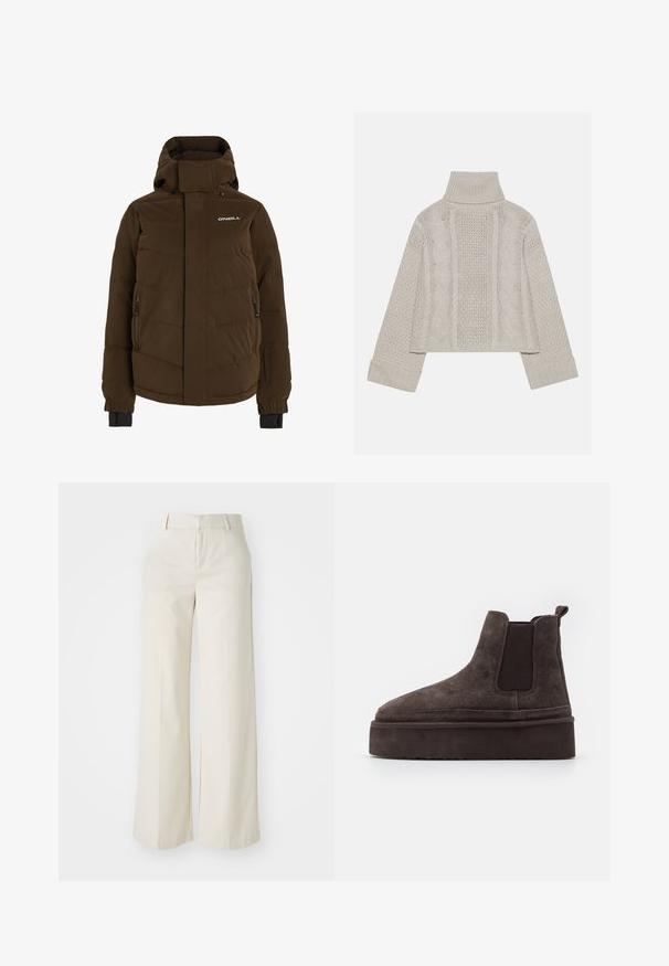 Braune gepolsterte Jacke mit hohem Kragen, seitlichen Reißverschluss-Taschen und Logo auf der Brust. Verfügt über elastische Manschetten für eine sichere Passform.; Gekürzter, hellgrauer Strickpullover mit hohem Kragen und gerippten Bündchen, ausgestattet mit strukturierten Zopfmustern entlang des Rückens und der Seiten.; Weite Hosen in einem hellbeigen Farbton, aus einem glatten Stoff gefertigt. Mit einem klassischen Bund und flachem Vorderteil, das klare Linien zeigt.; Braune Wildleder Chelsea-Stiefel mit elastischen Seitenpaneelen und einer dicken, strukturierten Plattformsohle. Mit einem Ziehband an der Ferse für ein einfaches An- und Ausziehen.