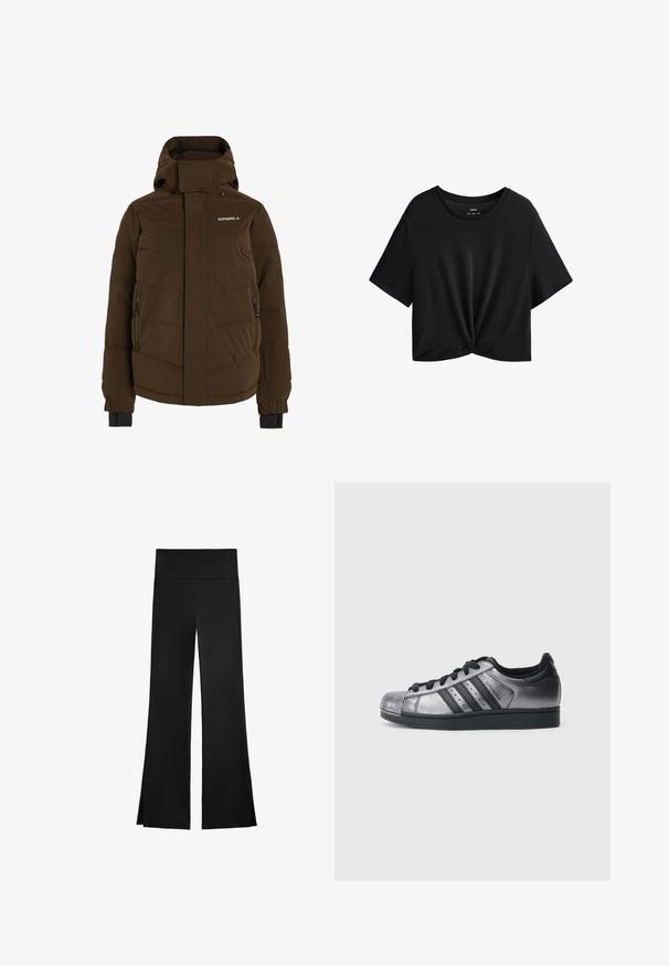 Brązowa ocieplana kurtka z wysokim kołnierzem, zasuwanymi bocznymi kieszeniami i logo na piersi. Posiada elastyczne mankiety dla lepszego dopasowania.; Czarna krótka koszulka z miękkiego materiału, z okrągłym dekoltem, krótkimi rękawami i węzłem na dole.; Czarne spodnie o szerokim kroju, z wysokim stanem i bocznymi rozcięciami dla łatwości ruchu. Wykonane z gładkiego, elastycznego materiału.; Czarne i metaliczno-srebrne buty sportowe z zaokrąglonym noskiem, trzema czarnymi paskami i teksturowaną cholewką. Czarne sznurówki i gumowa podeszwa.