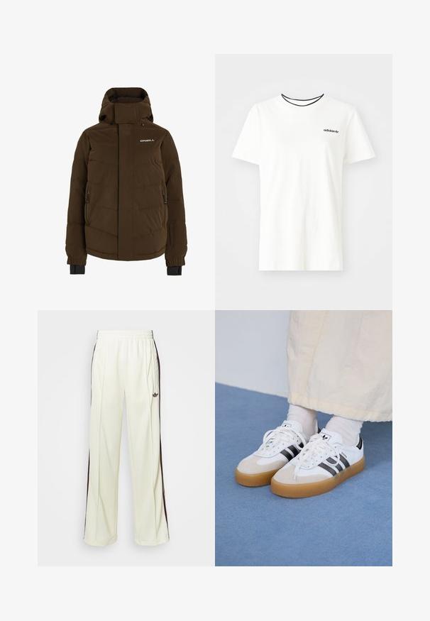 Hnědá prošívaná bunda s vysokým límcem, bočními kapsami na zip a logem na hrudi. Obsahuje elastické manžety pro bezpečné uchycení.; Bílý bavlněný tričko s krátkými rukávy a kulatým výstřihem. Má černé logo Adidas na hrudi a kontrastní černý vnitřní límeček.; Krémové tepláky s uvolněným střihem, se šněrováním v tmavě hnědé barvě na bocích a vyšitým logem na levém stehně.; Bílé tenisky s černými pruhy a béžovými semišovými akcenty. Mají texturovanou gumovou podrážku a ploché bílé tkaničky, nošeny s světlými ponožkami.