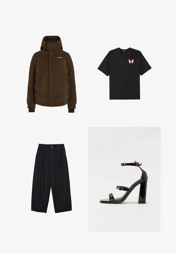 Smeđa podstavljena jakna s visokim ovratnikom, bočnim džepovima sa zatvaračem i logom na prsima. Ima elastične rukave za sigurno prianjanje.; Crna pamučna majica s kratkim rukavima, s malim grafičkim prikazom ružičaste vjetricaste s desne strane na prsima. Dizajn s okruglim izrezom i opuštenim krojem.; Crne poliester hlače culotte s elastičnim pojasom, dva prednja nabora i širokim krojem. Nema vidljivih uzoraka ili metalnih detalja.; Crne lakirane sandale na pete sa kvadratnim nosom, trakama oko gležnja i srebrnim kopčama. Imaju čvrst blok petu za stabilnost.