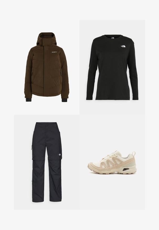 Giacca imbottita marrone con colletto alto, tasche laterali con zip e logo sul petto. Presenta polsini elastici per una vestibilità sicura.; T-shirt nera a maniche lunghe in cotone con colletto rotondo. Presenta un piccolo logo bianco sul lato sinistro del petto. Design semplice e vestibilità comoda.; Pantaloni cargo in nylon nero con zip rimovibile, polsini regolabili, molteplici tasche e un logo sulla gamba destra. Tessuto liscio e leggero.; Scarpa atletica beige e crema con tomaia in mesh testurizzato, sovrapposizioni supportive e suola in gomma con un motivo a tasselli per la trazione.