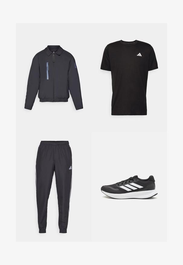 Melns jaka ar rāvējslēdzēju priekšā, apkakli un ribotām piedurknēm. Divi vertikāli akcenti zilā krāsā uz krūtīm, ar birku, kas pievienota rāvējslēdzējam.; Melna kokvilnas t-krekls ar īsām piedurknēm, apaļu dekoltē un balto logo uz kreisā krūts. Gluda tekstūra un vienkāršs dizains.; Melni sporta bikses ar elastīgu jostu, kurām abās pusēs ir baltas svītras un maza logo uz gurniem. Gluda tekstūra.; Melnas sporta kurpes ar elpojošu acs augšu, baltām akcentiem un mīkstu zoli. Sānā ir trīs svītru logo.