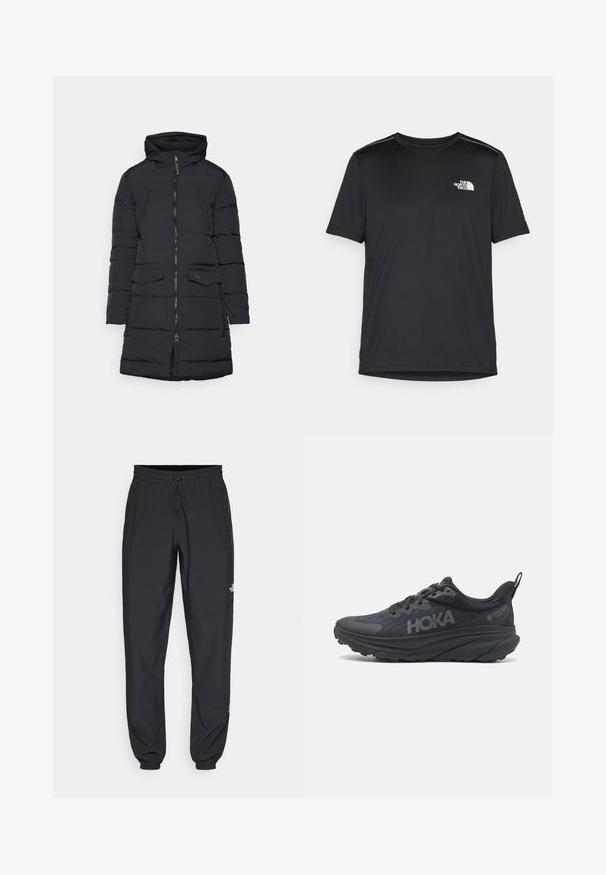 Schwarze Pufferjacke mit Kapuze, ausgestattet mit einem Reißverschluss vorne, zwei Seitentaschen und einer gesteppten Textur mit horizontalen Nähten.; Schwarzes T-Shirt mit kurzen Ärmeln aus leichtem Stoff. Mit einem kleinen weißen Logo auf der linken Brust und dezenten Akzenten an den Schultern.; Schwarze Sporthosen aus leichtem Stoff, mit einem Kordelzugbund, seitlichen Taschen und schmal zulaufenden Bündchen an den Knöcheln.; Schwarzer Hoka-Laufschuh mit einem Obermaterial aus Netzgewebe, strukturierten Details und einer dicken, gepolsterten Sohle mit verjüngten Kanten für verbesserten Halt.