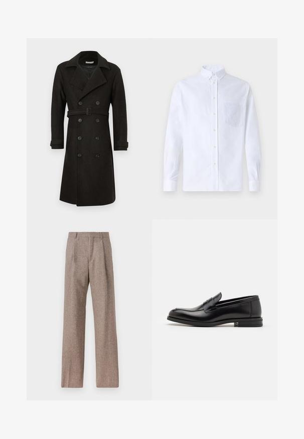 Cappotto doppiopetto in misto lana scura con collo a revers, maniche lunghe e cintura in vita; rifinito con grandi bottoni neri e tasche laterali.; Camicia bianca a maniche lunghe con bottoni, realizzata in cotone, caratterizzata da una tasca sul petto con ricamo tonale, colletto e polsini con bottoni.; Pantaloni marroni a vita alta realizzati in tessuto testurizzato. Presentano gambe ampie e due pieghe frontali per struttura. Rifinitura curata senza hardware visibile.; Mocassini neri in pelle con una texture liscia, punta arrotondata e una striscia decorativa sulla tomaia. Tacco basso impilato, design minimalista.