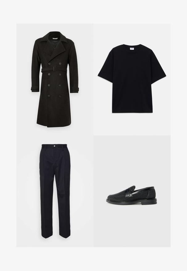 Dark wool blend double-breasted coat featuring a notched collar, long sleeves, and a waist belt; finished with large black buttons and side pockets.; Black short-sleeve oversized T-shirt with round neckline and visible Filippa K brand label inside the collar.; Black tailored trousers with a straight-leg design, made of smooth fabric, featuring a front button closure and two side pockets.; Black woven slip-on shoe with a smooth leather accent on the upper, a round toe design, and a low-profile rubber sole.