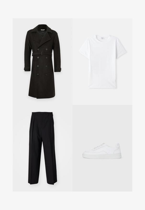 Tumši vilnas maisījuma dubultā aizdare mētelis ar iegrieztu apkakli, garām piedurknēm un jostasvietas siksnu; pabeigts ar lielām melnām pogām un sānu kabatām.; Balta kokvilnas T-krekls, apaļa kakla izgriezums, īsas piedurknes, gluda tekstūra, bez rakstiem vai akcentiem, vienkāršs dizains, standarta piegriezums.; Melnas plisētās bikses ar taisnu, plata kāja dizainu. Izgatavotas no gludas auduma, ar pogu aizdari un jostas cilpiņām.; Baltas zema apava sporta kurpes ar auklēm priekšā, gluda virsma un gumijas zole uz vienkārša gaiša fona.