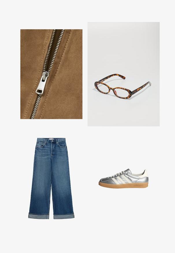 Smeđa antilop tkanina sa detaljem srebrnog metalnog zatvarača, prikazujući glatku teksturu i uske zube, čime se poboljšava dizajn odjeće.; Bijela majica kratkih rukava izrađena od mekanog materijala. Ima okrugli izrez i jednostavan, čist dizajn s ravnim rubom.; Tamno plave široke traperice s visokim strukom, s pet džepova, zatvaranjem na dugme i patentni zatvarač, te zavrnutim rubovima. Klasična denim tekstura.; Srebrne tenisice s bijelim detaljima, s tri pruge, zaobljenim vrhom i gumenom potplatom. Teksturirani metalik materijal.; Kornjačaste naočale ovalnog oblika s sjajnom završnom obradom, tankim ručkama i suptilnim uzorcima koji podsjećaju na tigrove pruge.