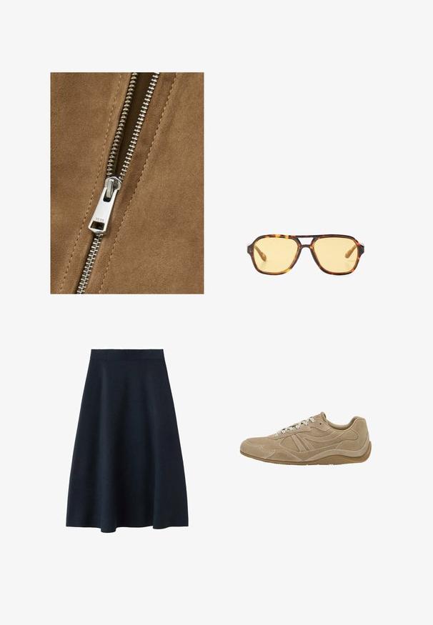 Brunt ruskind med en sølvmetallåsdetalje, der viser en glat tekstur og tæt placerede tænder, hvilket forbedrer tøjets design.; Mørkegrå kortærmet striktrøje med rund hals, fremhævet af en løs pasform og raglanærmer, lavet af et blødt, tekstureret stof.; En mørk navy midi-nederdel lavet af glat stof, med en tætsiddende talje og en svinget form, uden synlige mønstre eller udsmykninger.; Beige ruskinds sneaker med lav profil, tekstureret overflade og hvide snørebånd. Har et buet design og en gummisål for godt greb.; Skildpaddemønstrede solbriller med et geometrisk design, gule linser og metal detaljer på stængerne. Bredt stel og mat overflade.; PULL&BEAR SHOULDER - Shopping bags - beige