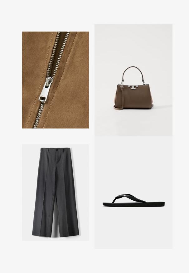 Brunt ruskind med en sølvmetallåsdetalje, der viser en glat tekstur og tæt placerede tænder, hvilket forbedrer tøjets design.; Sort langærmet T-shirt lavet af blød stof. Har en bred rund halsudskæring og en løs pasform med lige kant. Ingen synlige mønstre eller detaljer.; Vidde-bukser i mørkegrå stof med knaplukning, frontfolder og bæltestropper. Glat tekstur med et skræddersyet design.; Sorte gummiflip-flopsandaler med en tekstureret rem og simpel flad sål, vist fra siden på en lys ensfarvet baggrund.; Brun læderhåndtaske med en struktureret form, sølvfarvet hardware og dobbelte håndtag. Har et logoaccent foran og en aftagelig rem.