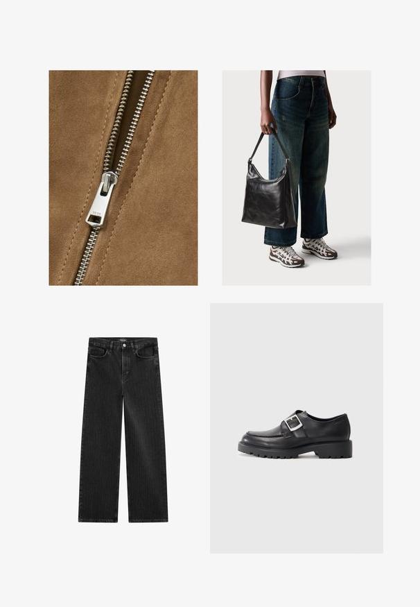 Brunt ruskind med en sølvmetallåsdetalje, der viser en glat tekstur og tæt placerede tænder, hvilket forbedrer tøjets design.; Sort kortærmet T-shirt med rund hals og lige kant, præsenteret fladt på en hvid baggrund.; Bredde ben sorte denimbukser med en subtil lodret stribepattern, der har fem lomme-design og en klassisk knaplukning i taljen.; Sorte lædersko med en rund tå, der har en sidebuckle-detalje og en tyk, robust sål. Glat tekstur med minimal syning.; Sort læder skuldertaske med en glat tekstur og justerbar skulderrem, parret med faded brede bukser og atletiske sneakers.